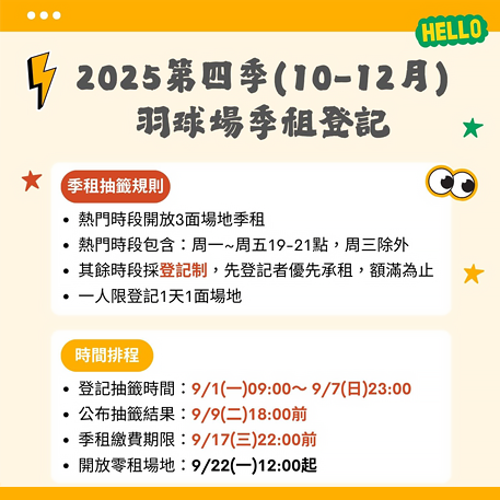 高雄前金運動中心羽球場季租抽籤規則